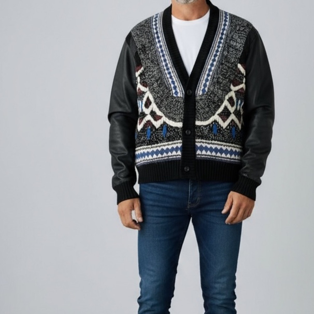 [XL]Vintage Randy River Suede Leather Knit Cardigan with Geometric Patterns